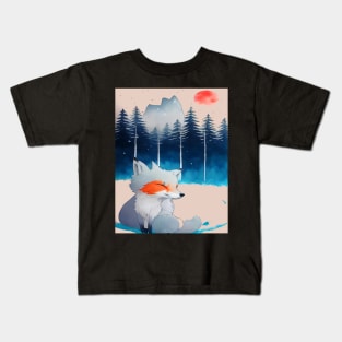 vintage a fox in the wild fox in the wilderness, mountain landscape Kids T-Shirt